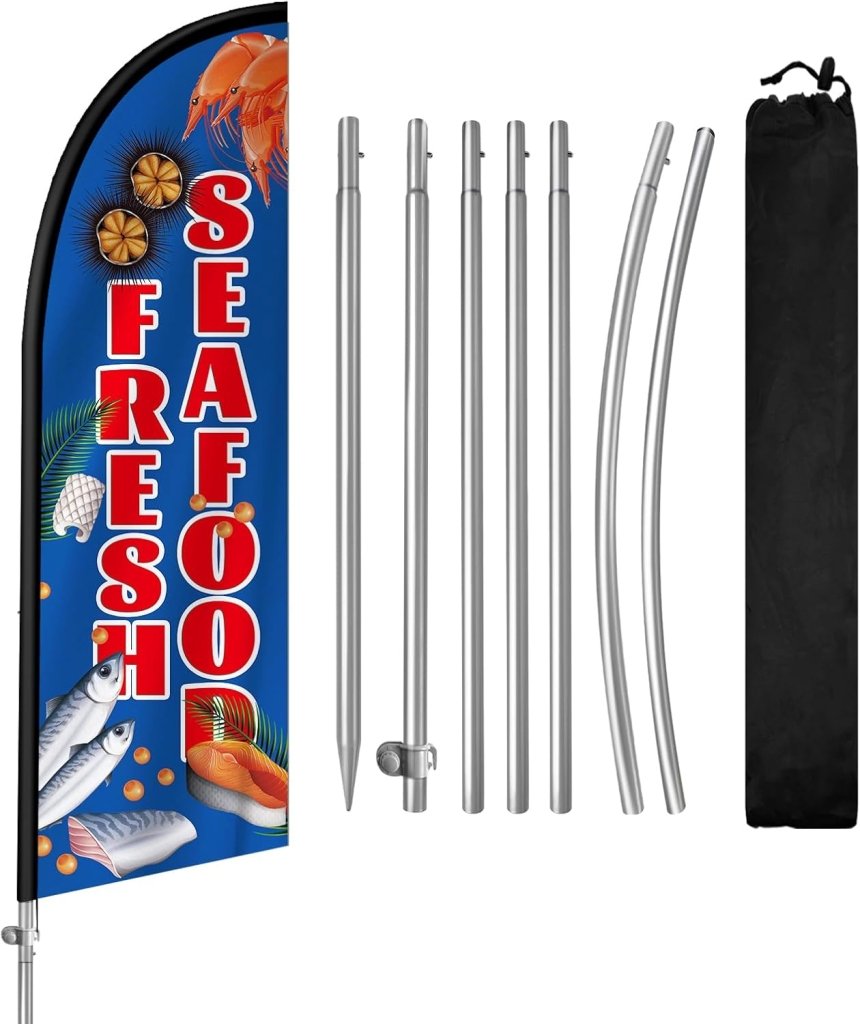 8FT Fresh Seafood 01 Feather Flag with Stainless Steel Pole Kit/Ground Stake(2m flag set)